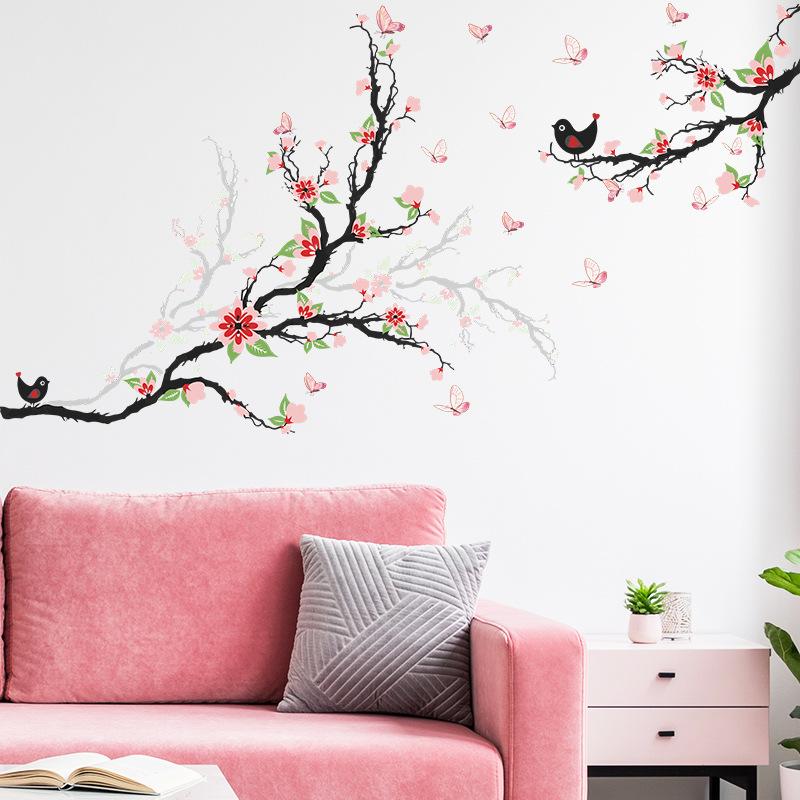Branch Bird Butterfly Flower Wall Stickers, Nature Scene Removable Decals for Bedroom Living Room Entrance Wall Decor