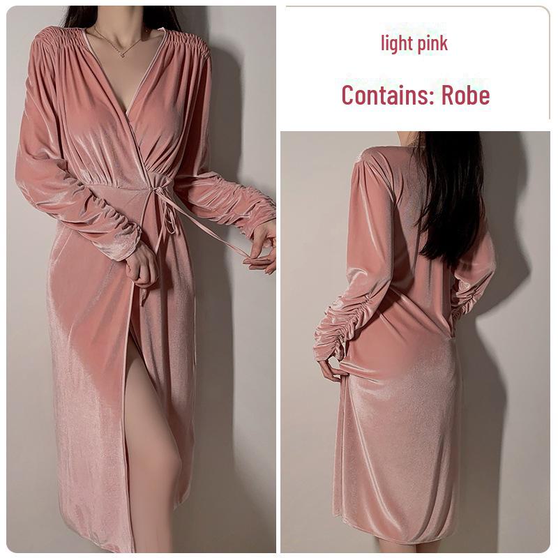 

Бархатный халат Guiruo со шнуровкой и сексуальными плиссированными манжетами на осень/зиму L светло-розовый