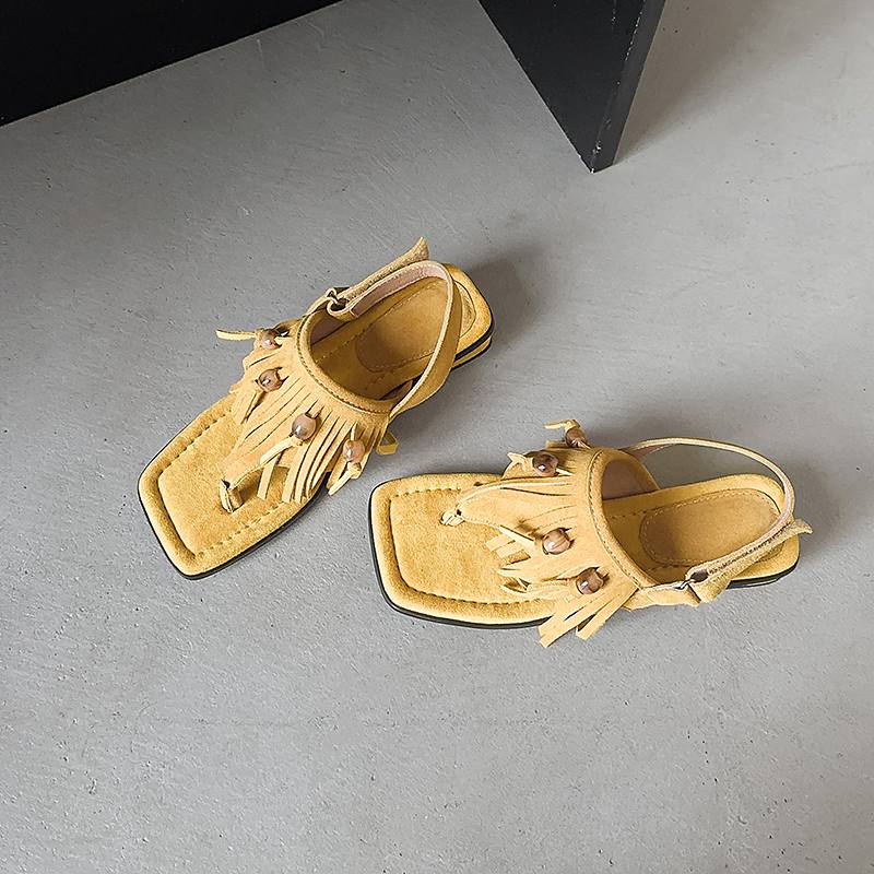 Krazing Pot Cow Suede Nubuck Summer Size 40 Hook Loop Tassel Fringe Low Heels Women Peep Toe Sandals