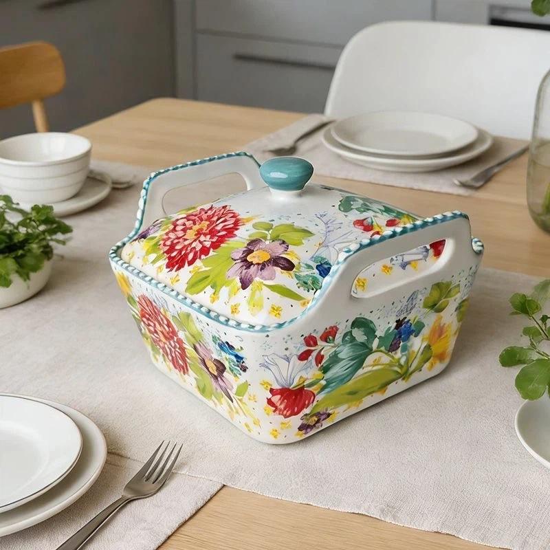 Große Keramik-Suppenschale mit Henkeln, Unterglasur, floral – Haus-Essgeschirr, Nudelschale