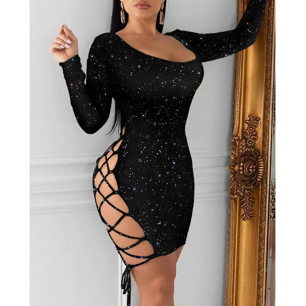 Combhasaki Women Sexy Long Sleeve Backless Hollow out Side Hole Bandage Bodycon Sparkle Sequined Evening Party Mini Pencil Dress
