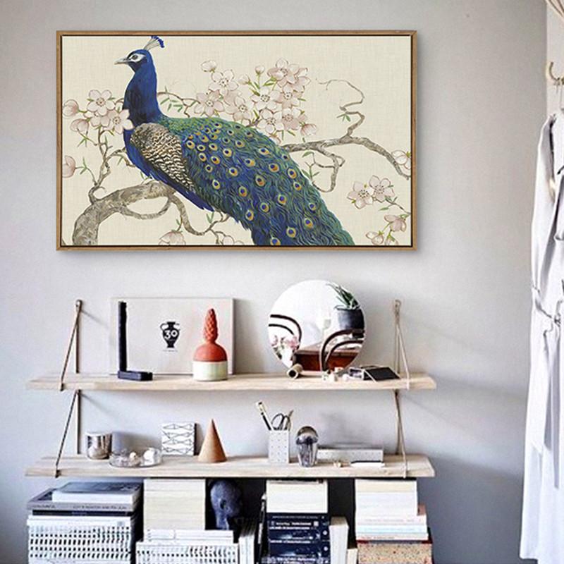 Elegant Arts Blue Peacocks On Tree Pink Flower Traditional Chinese Pastoral Canvas Painting Wall Posters for Home Decor