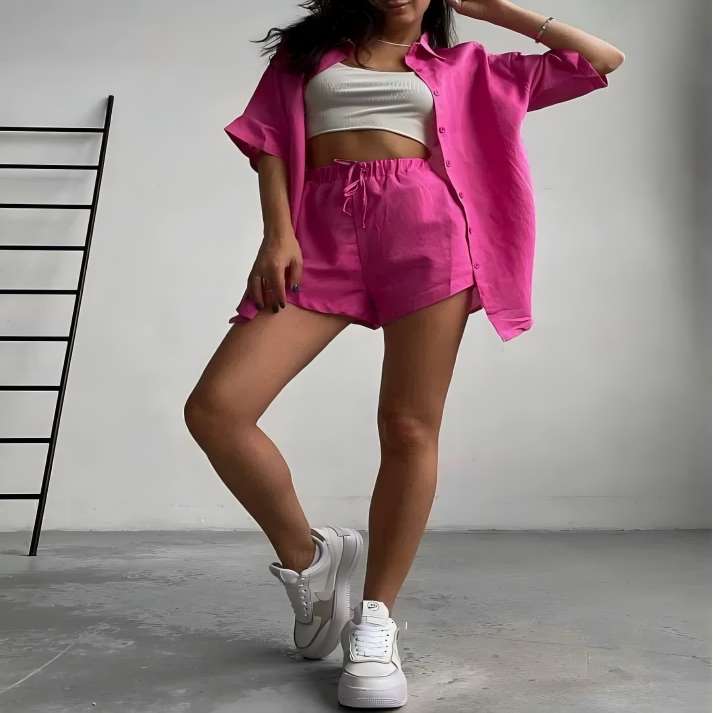 Baumwolle Freizeitanzüge Damen Langarm Sets Hauskleidung Einfarbige Oberteile Damen Shorts Zweiteilige Sets Frühling Sommer