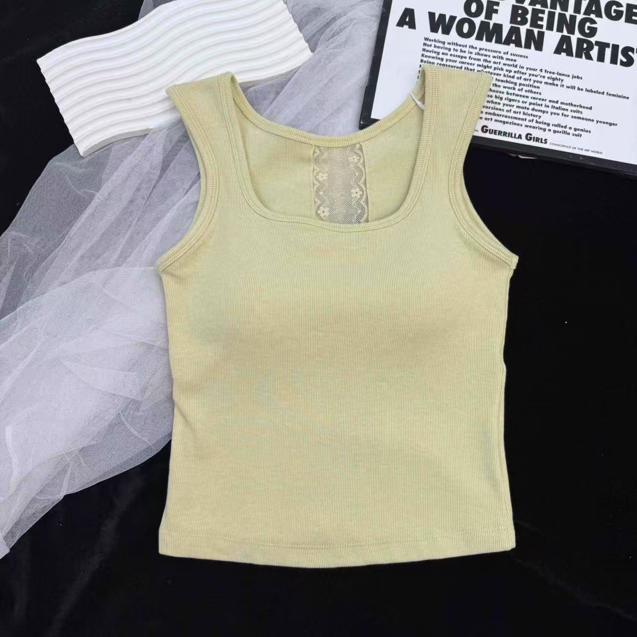 

Топ-майка с квадратным вырезом, рубчатый хлопок, кружевная спинка, с фиксированными чашками (Стиль 8709) One Size