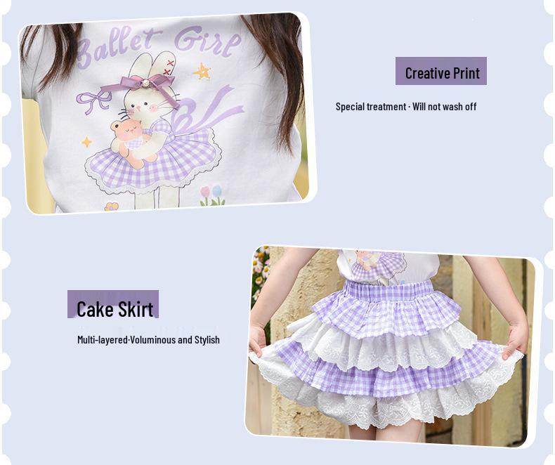 Girls' 2026 Summer Lace T-Shirt & Cake Skirt Set with Mosquito Repellent Pants