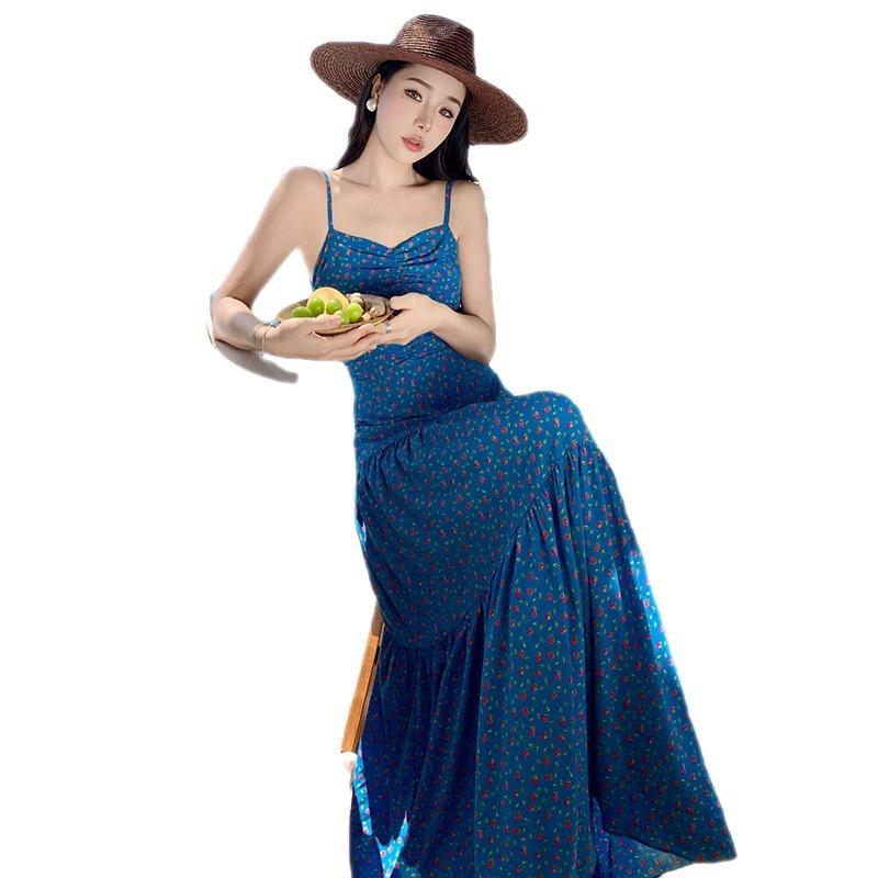 Backless Suspender Skirt Women's Floral Shoulder Dress Seaside Vacation Beach Skirt Waist Long Dress