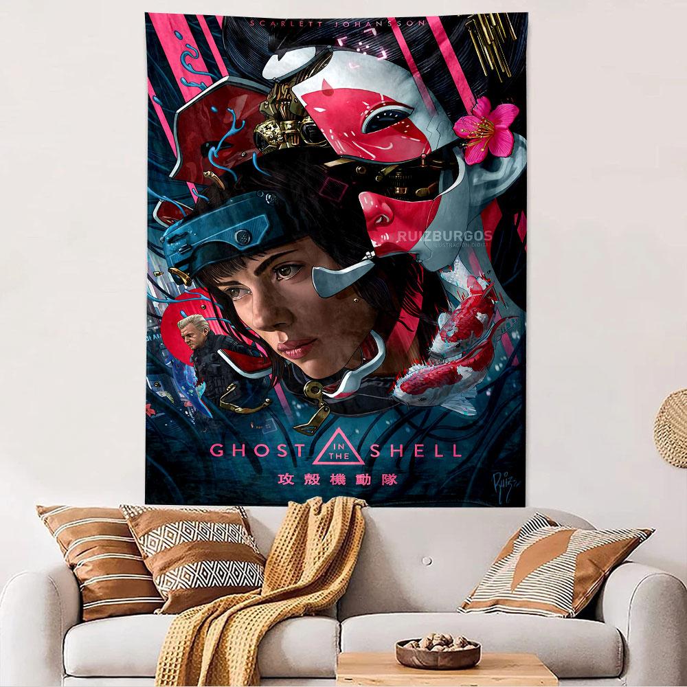 Ghost in the Shell Tapestry Wall Hanging, Cyberpunk Anime Poster Art, Sci-Fi Wall Decor for Bedroom Living Room Dorm