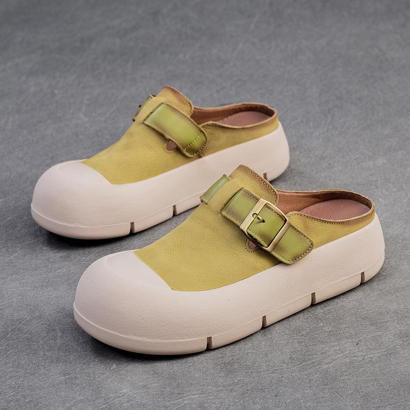 Johnature Silná podrážka s kulatou špičkou Ležérní Pantofle Candy Color Pravá kůže Měkká podrážka Dámská obuv