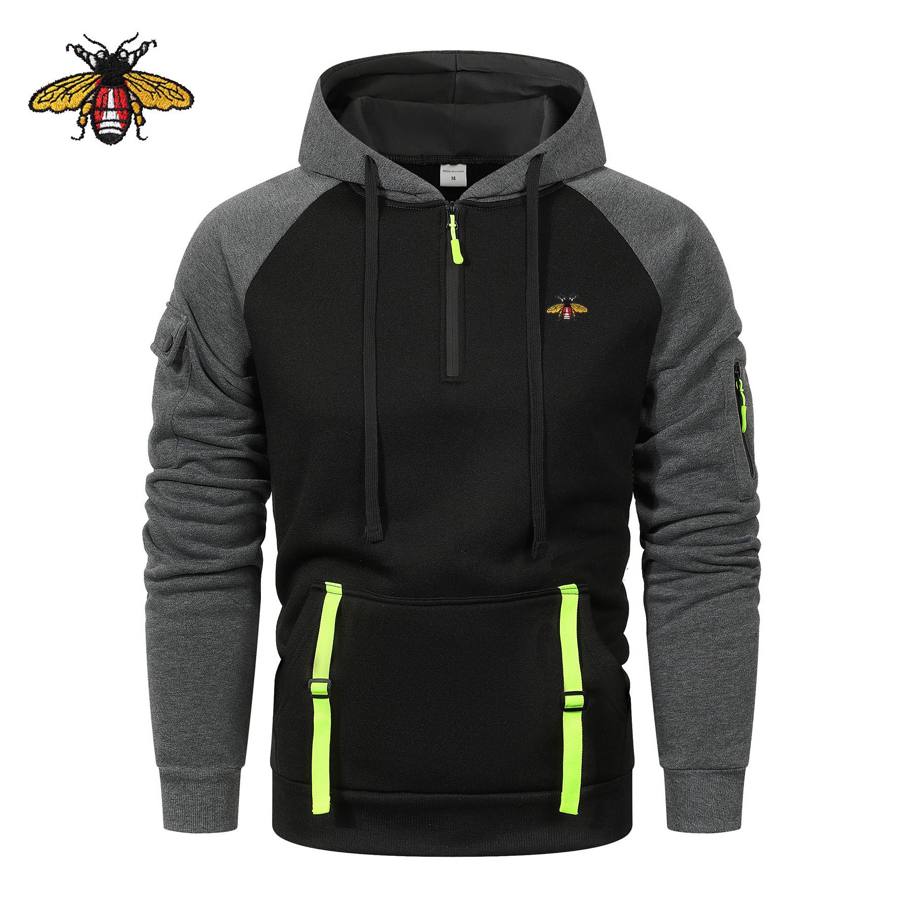 2025 Autumn/Winter New Bee Embroidery Men s Casual Multi Zipper Arm Pocket Hoodie Pullover Large Hoodie Outdoor Sport Hoodie S