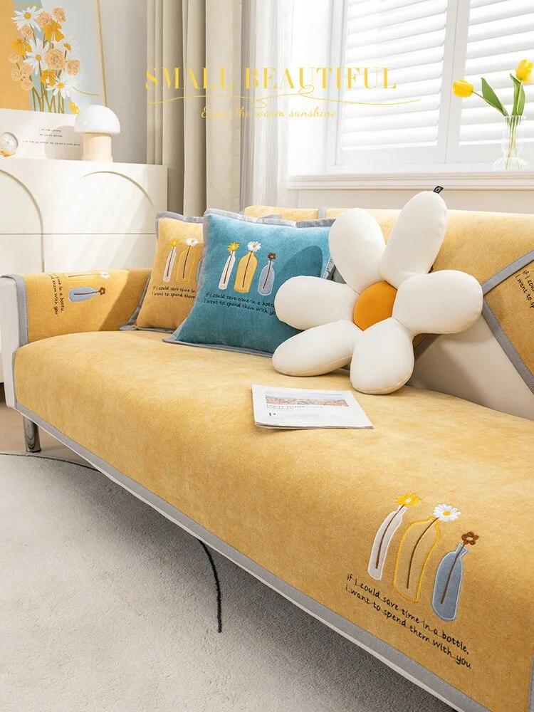 Nordische Vase Stickerei Sofakissen Vier Jahreszeiten Universal Rutschfester Leder Sofabezug Chenille Kissenrücken Handtuchbezug Stoff