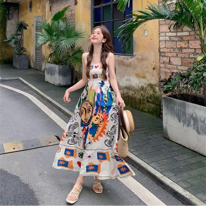 

Retro ethnic style suspender dress women s spring seaside vacation graffiti print sleeveless vest long dress lazy skirt 2XL