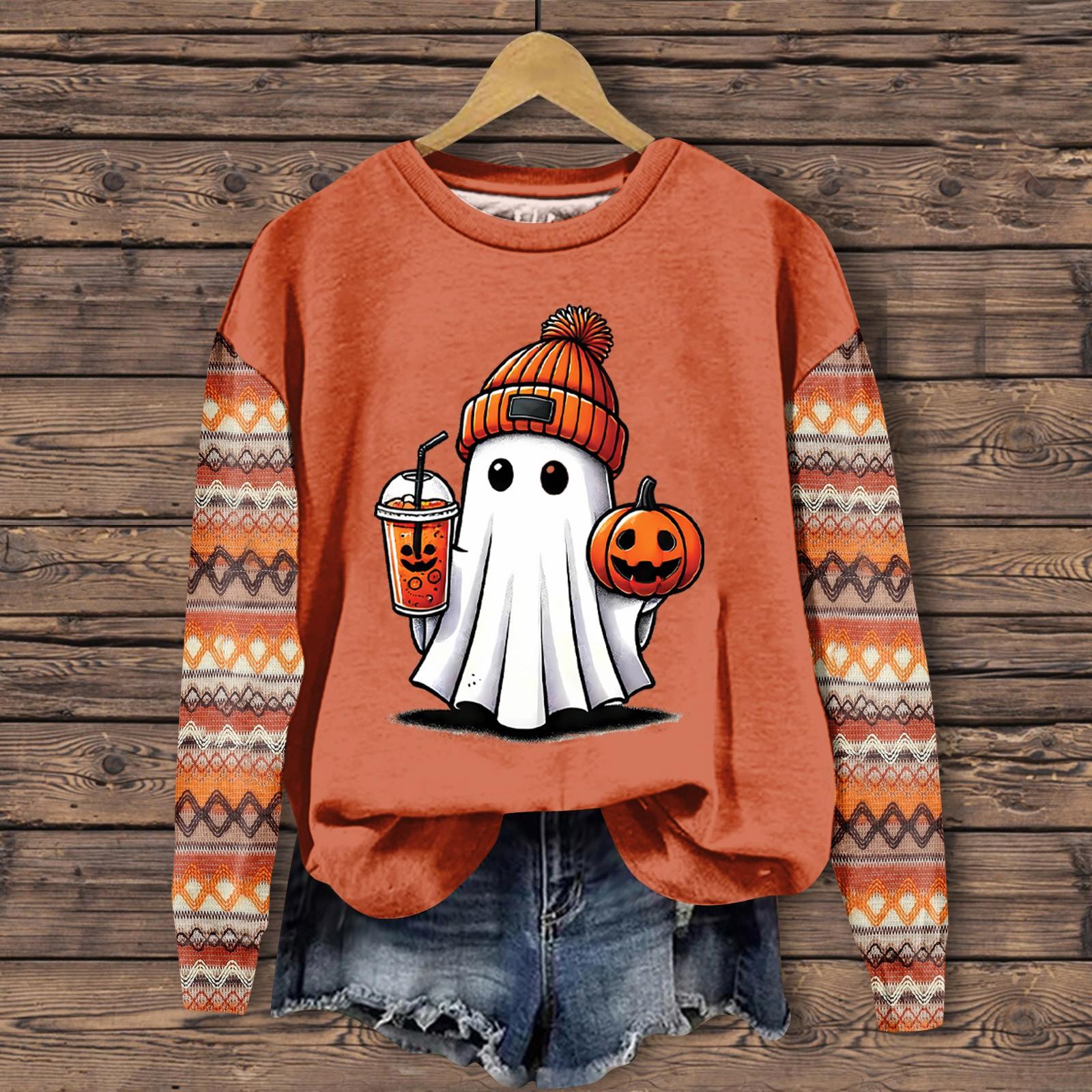 

Женская мода повседневная толстовка с длинным рукавом и круглым вырезом с принтом на Хэллоуин L бежевый