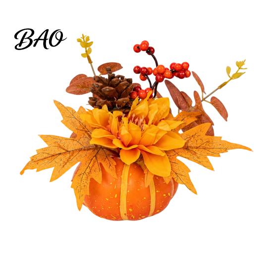 Autumn Mantle Decor Artificial Pumpkin Table Centerpiece with Sunflowers Maple Leaves And Pine Harvest Ornaments Cones, Halloween Foam Ornament,