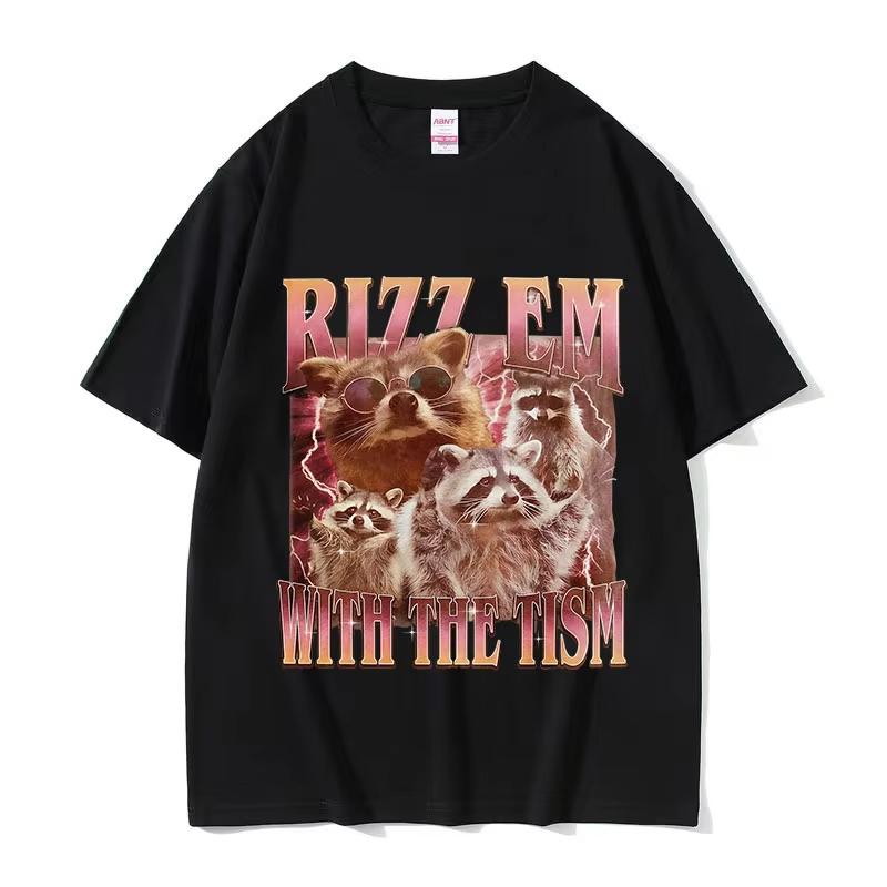

Rizz Em with The Tism Funny Raccoon Meme T Shirt Men Harajuku Oversized Cotton T-shirts Retro High Quality Fashion T-shirt Tops S разноцветный