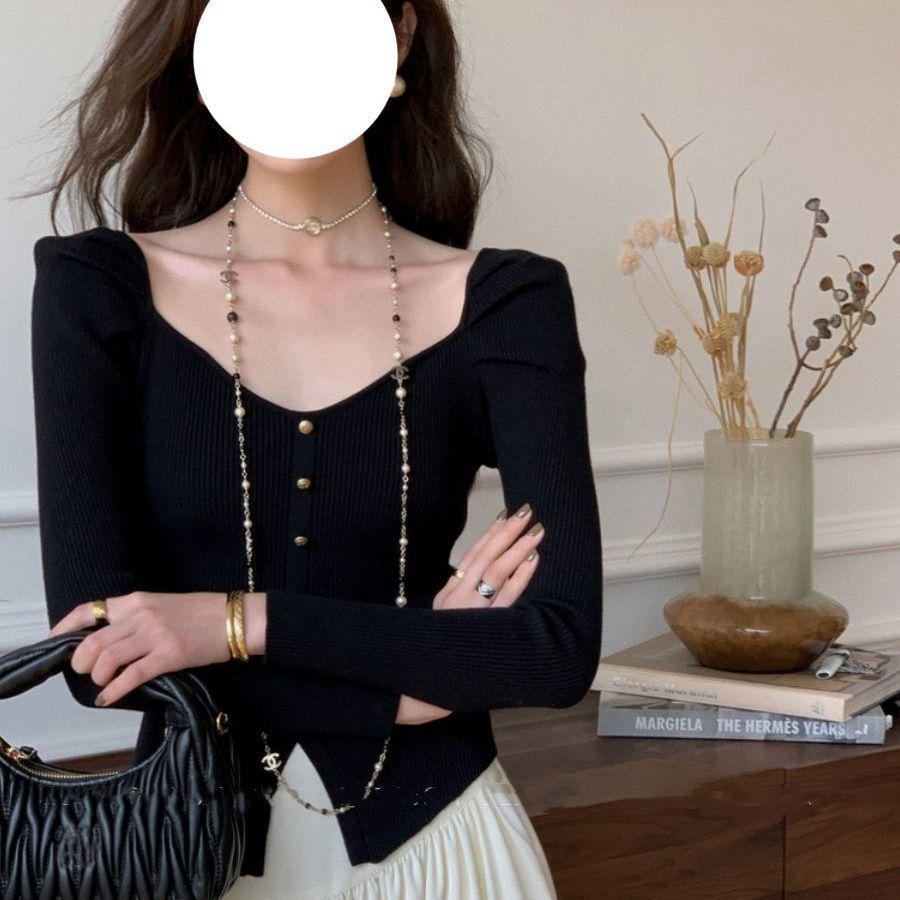 

Осенний женский вязаный топ с квадратным вырезом в французском стиле, облегающего кроя – Сладкий и пикантный стиль One Size чёрный