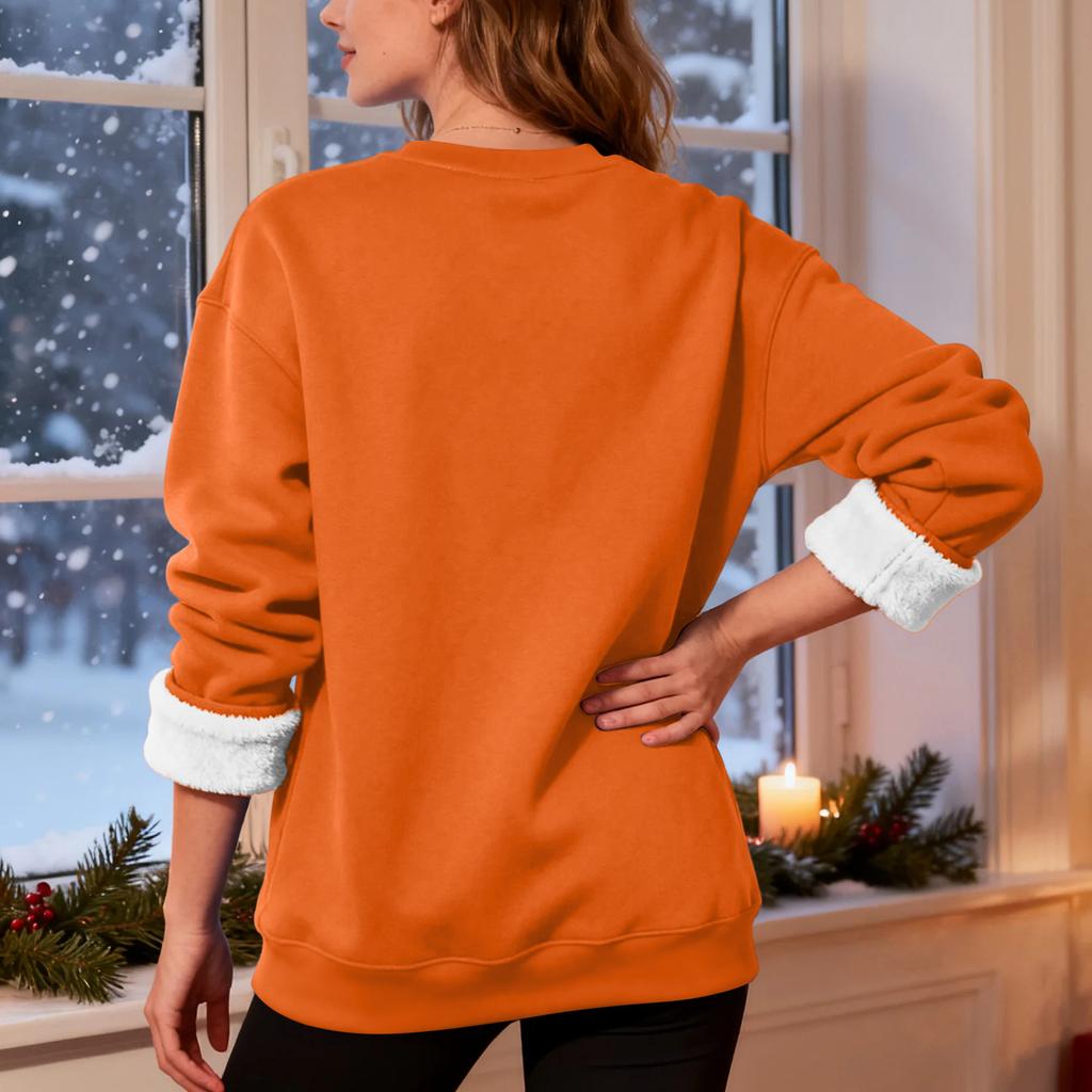 Women's Casual Fashion RoundNeck Pullover Top Winter Solid Color Plush Sweatshirt