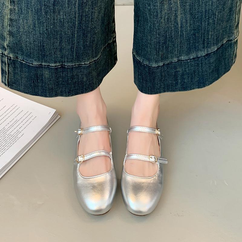 Street Style Silvery Women Mary Jane Shoes Ladies Casual Soft Sole Dress Flats Shoes Elegant Leather Ballet Shoes