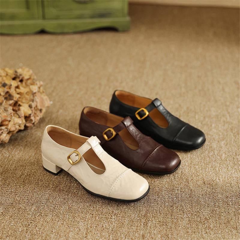 Fashion New Spring/summer Mary Jane Shoes Genuine Leather Shoes for Women Fashion Belt Buckle Round Toe Women Pumps Chunky Heels Shoes