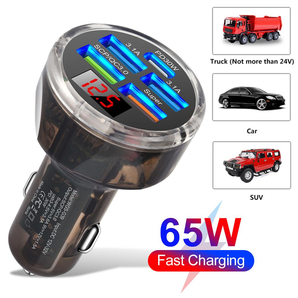 

5 Ports USB Car Charger Digital Display 4USB + Type-C PD 30W/QC3.0 Cigarette Lighter Adapter for iPhone Xiaomi Huawei Samsung CHINA