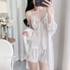 Women's Thin Sexy Ice Silk Pajamas Three-piece Spring and Summer Suspender Shorts Bathrobe Kimono with Chest Pad