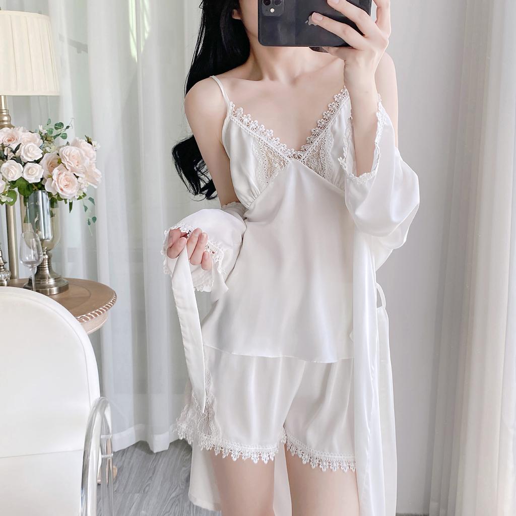 Women's Thin Sexy Ice Silk Pajamas Three-piece Spring and Summer Suspender Shorts Bathrobe Kimono with Chest Pad