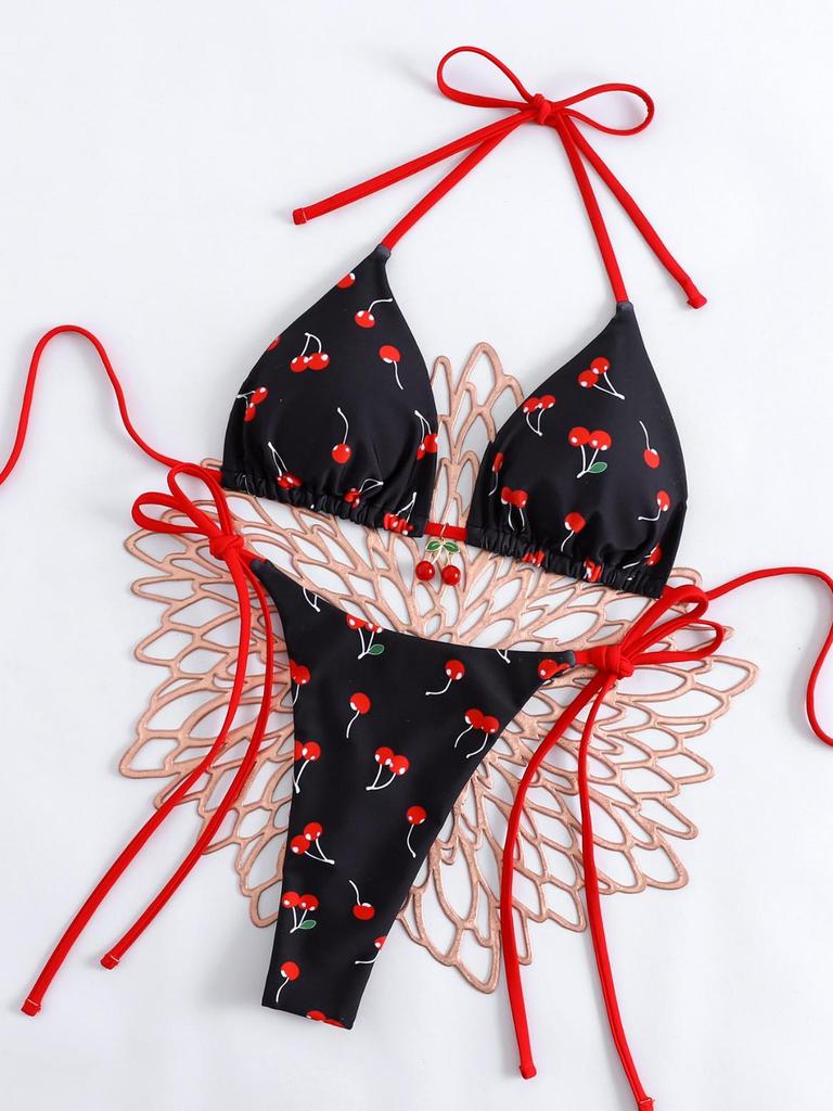Cherry Print Lace-up Color Block Bikini Thong Set