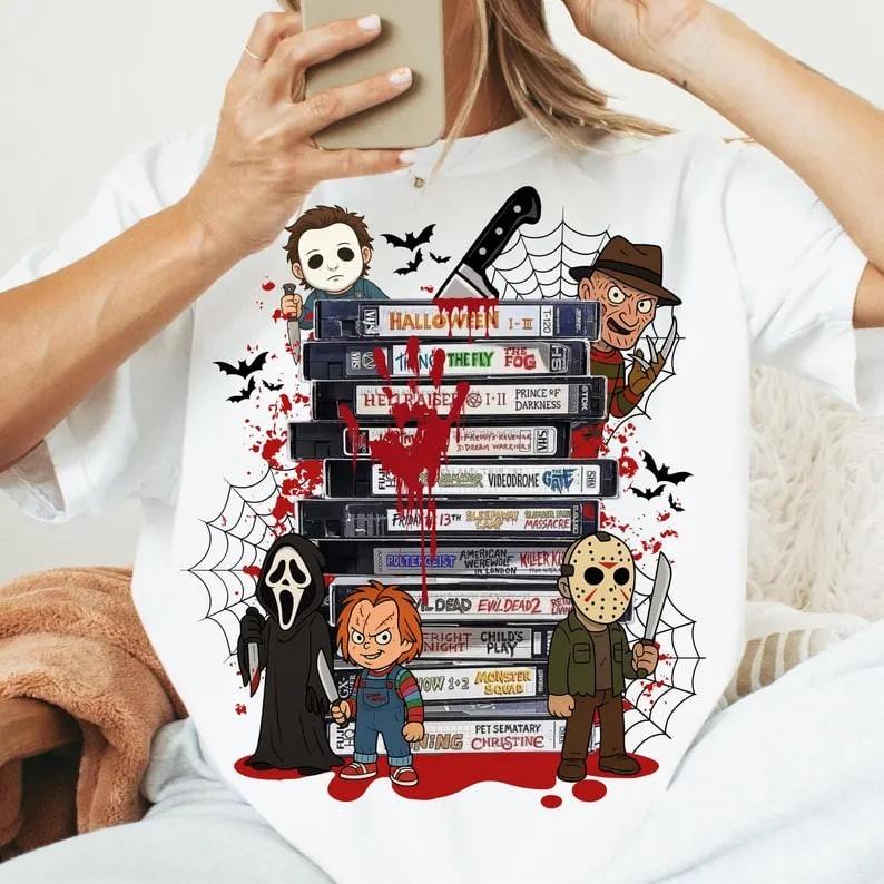 

Retro Horror Movie Halloween Characters Black Graphic Shir Gift Fan M