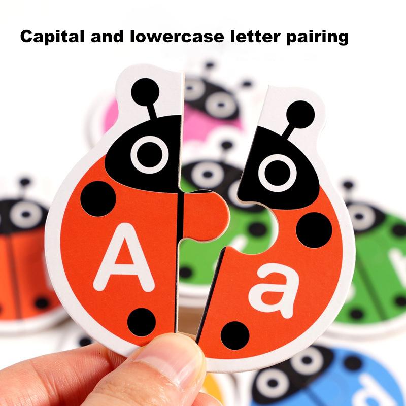 Wooden Ladybug Alphabet Matching Puzzle Double Sided Cards Words Letters Learning Toy Interactive Tabletop Game