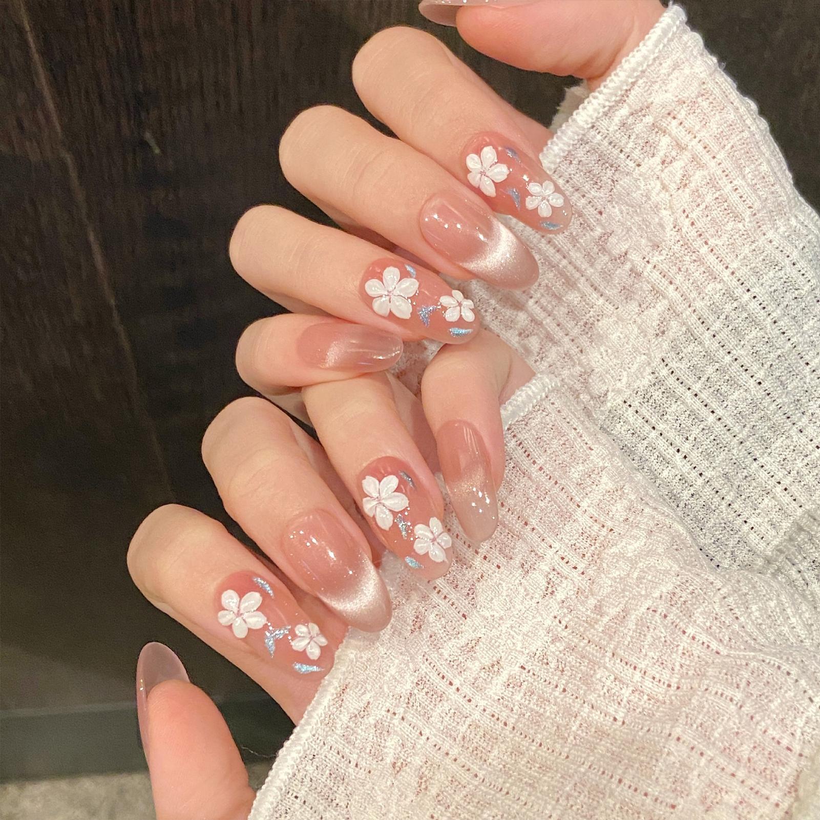 10Pcs Oval Cat Eye Hand Painted Floral 3D Nail Tips for Women Spring Style XS