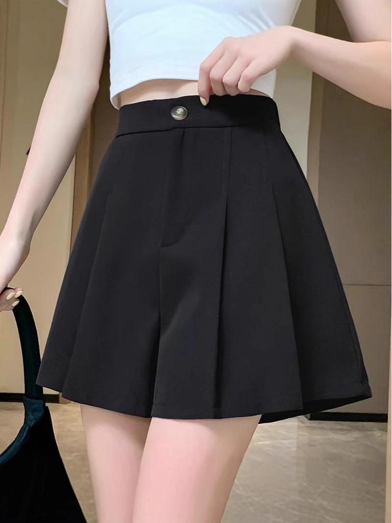 Women's High Waist Pleated A-Line Wide-Leg Shorts - Large Size, Black, Summer Versatile Skirt-Style Pants