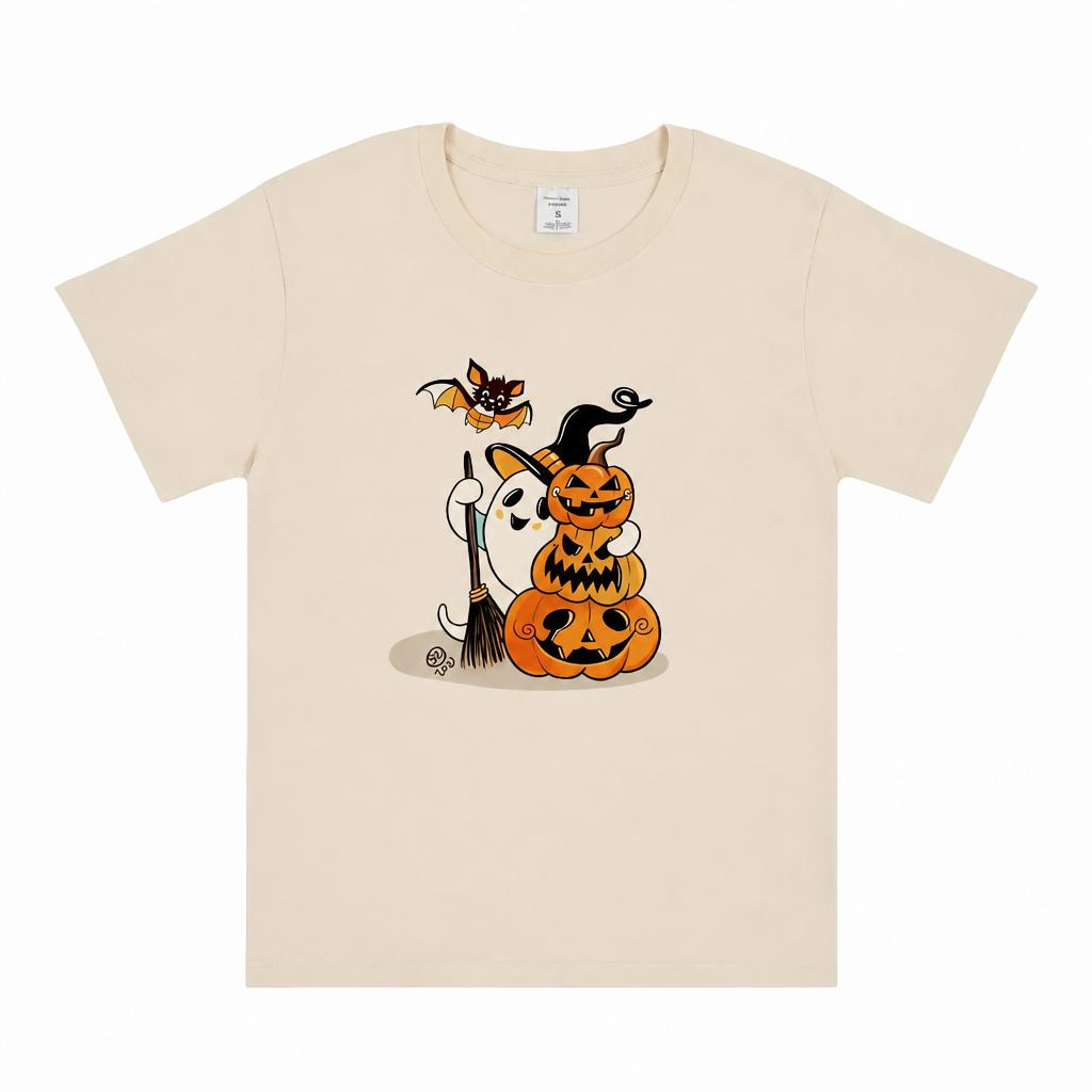 100 Pure Cotton Tshirt Cute Ghost Witch Broom Stacked Pumpkin Bat Print Loose Tee Halloween Party Daily Wear