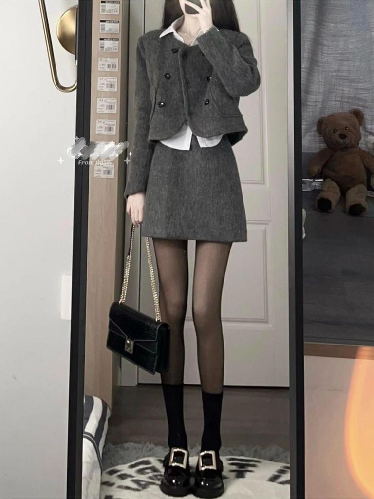 (original Quality) Woolen Suit Skirt, Autumn and Winter New Temperament, Small Short Coat, Two Women's Skirts