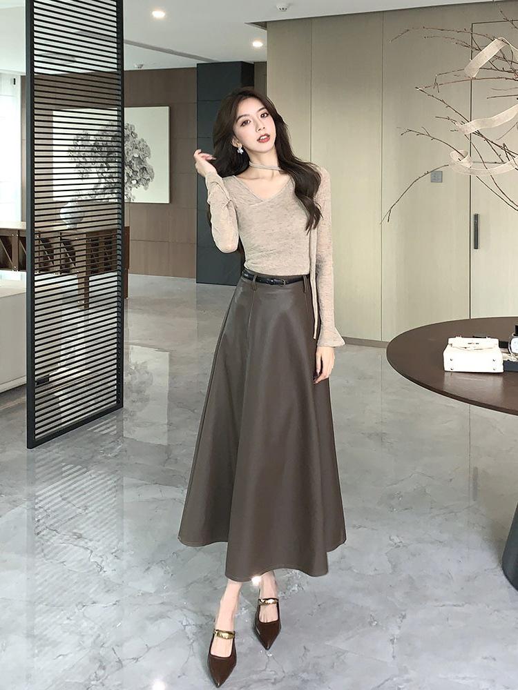 

Spring Collar Ruffle Blouse & High-Waist Midi Skirt with Belt L