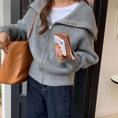 Herbst Winter Elegant Gestrickte Reißverschluss Strickjacke Damen Pullover Langarm Lässig Revers Oberteil Einfarbig Locker Büro-Stil Strickjacke Kleidung