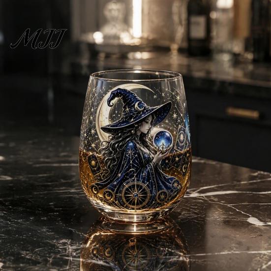 Creative Holiday Gift Fantasy Witch Glass Tea Cup, Gothic Crystal Ball Pattern Tumbler for Halloween Party Glassware Wine Juice, 320ml Vintage
