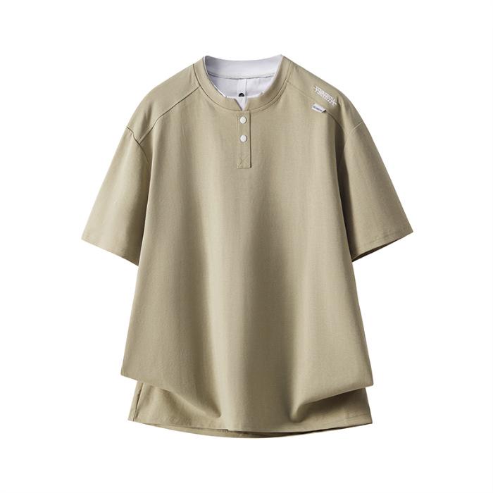 Men s Solid Color Fake Two-Piece V-Neck Short Sleeve T-Shirt 4XL