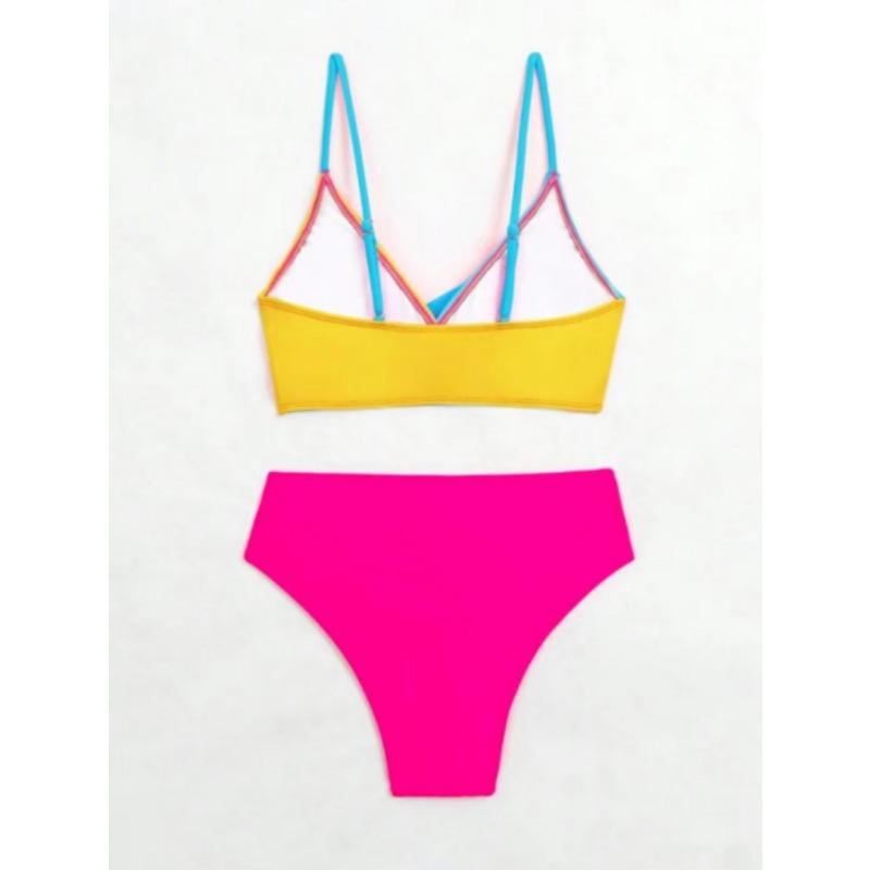 Black White Color Block Twist Front High Waist Bikini Set Spaghetti Strap Two Piece Swimwear