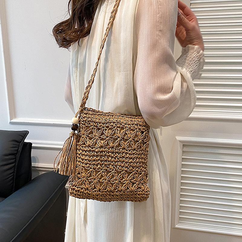 Poșetă pentru femei, cu umăr țesut din paie, pentru plajă, cu ciucuri, boho, cu croșetat, poșetă de mână, poșetă