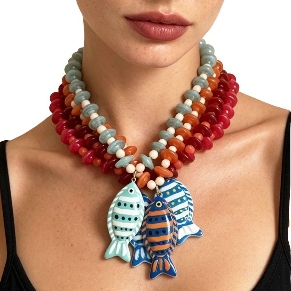 Starfish Shell Charm Fish Starfish Pendant Necklace Colorful Beads Boho Necklace  Jewelry Gifts