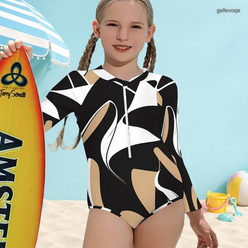 Girls High Neck Long Sleeve Front Zip One Piece Geometric Printed Swimsuit Black White Khaki