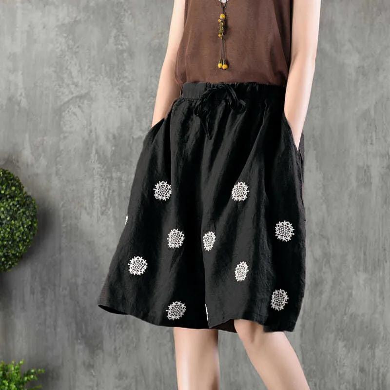 Women's Summer Vintage Literary Embroidery Five Points Trousers Loose and Comfortable Casual Trousers