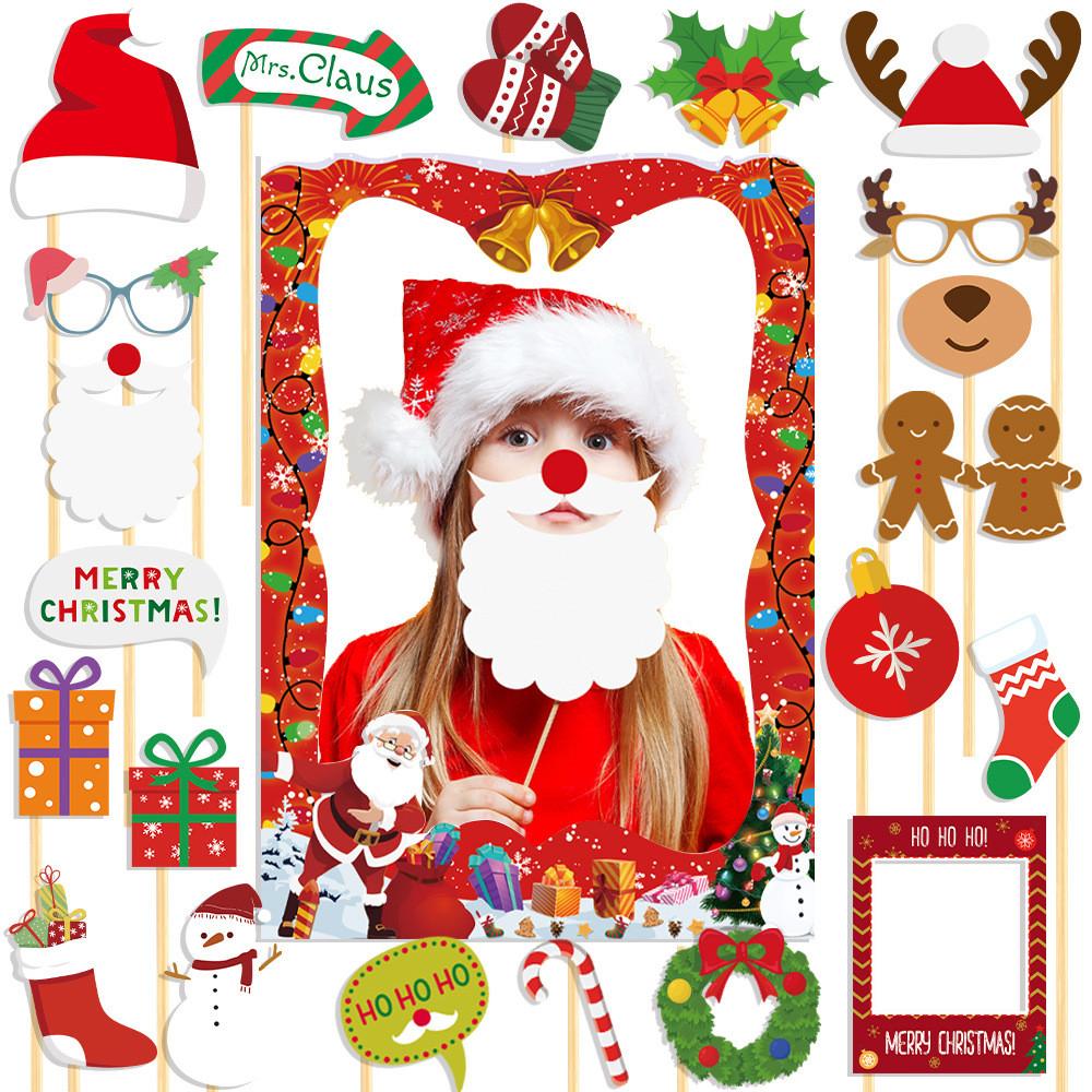 Christmas Themed Photo Props Kit With Paper Frame And Fun Accessories Cartoon