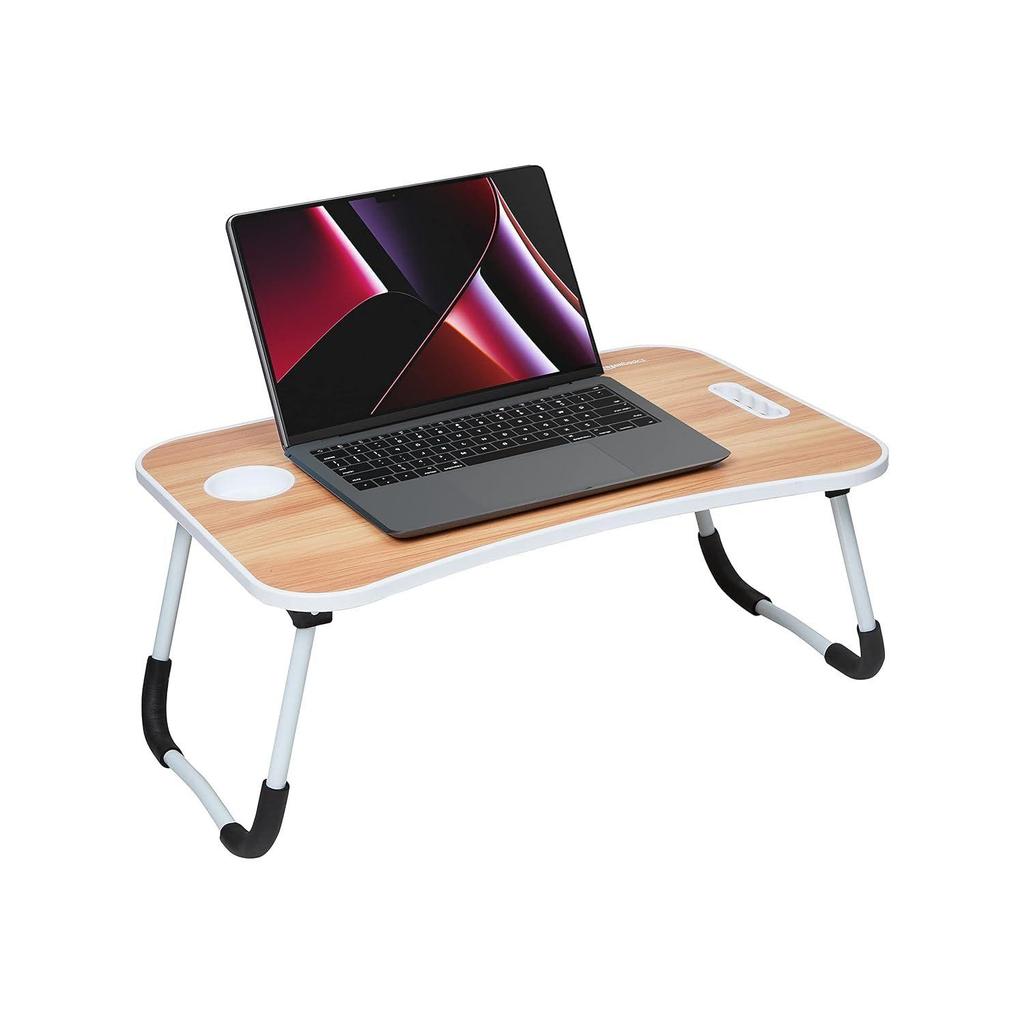 Klappbarer Laptop-Tisch aus Holzwerkstoff mit Getränkehalter, Tabletfach und Mini-Schublade (60L x 40B x 26H cm, Braun)