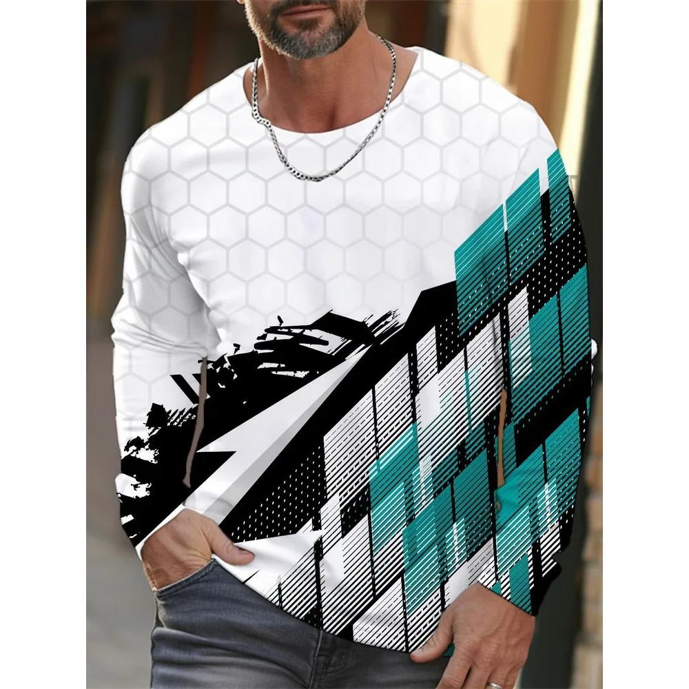 Spring Autumn Fashion Comfortable Loose Soft Casual Versatile Round Neck Long Sleeve T-shirt Creative Fun Animal Geometry 3D Printed Men's T-shirt