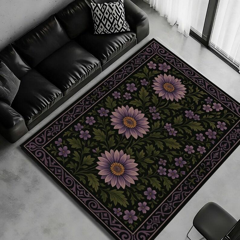 Lila Floraler Bereichsteppich Dunkler Botanischer Teppich für Wohnzimmer, Gotische Ästhetik Heimdekor