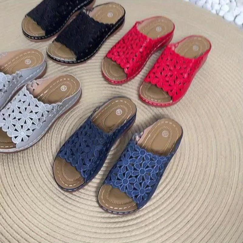 Ladies, Floral Design, Comfortable Sandals, Hollow, Thick Soled, Walking Shoes, Wedge Heel Slippers