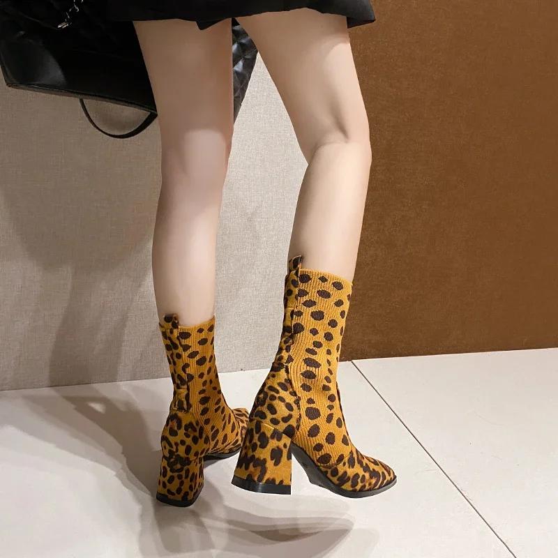 Sko Damer Mote Vinter Leopardmønster Strikkede Dame Støvletter Semsket Spiss Tå Tykk Høy Hæl Elegante Korte Støvletter Zapatos
