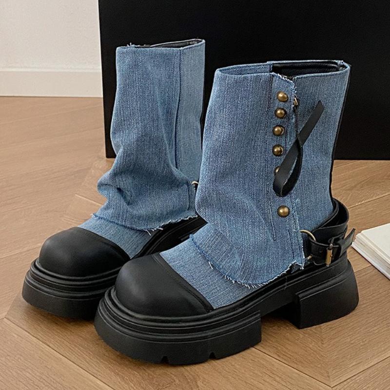 High Quality Brand Designer Ankle Boots Women Rivet Decoration Western Denim Boots Fashion Non-slip Thick Bottom Platform Shoes