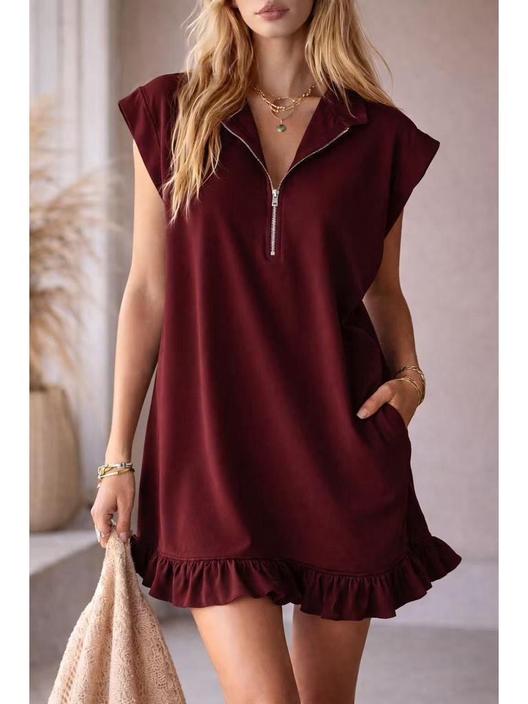 2026 Spring/Summer Women's Sleeveless Zipper V-Neck Ruffle A-Line Dress with Double Pockets