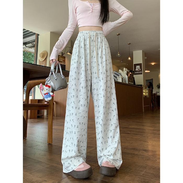 

Цветочные спортивные штаны для женщин на осень и лето, свободные новые повседневные длинные брюки, дизайн, маленькие прямые широкие брюки S